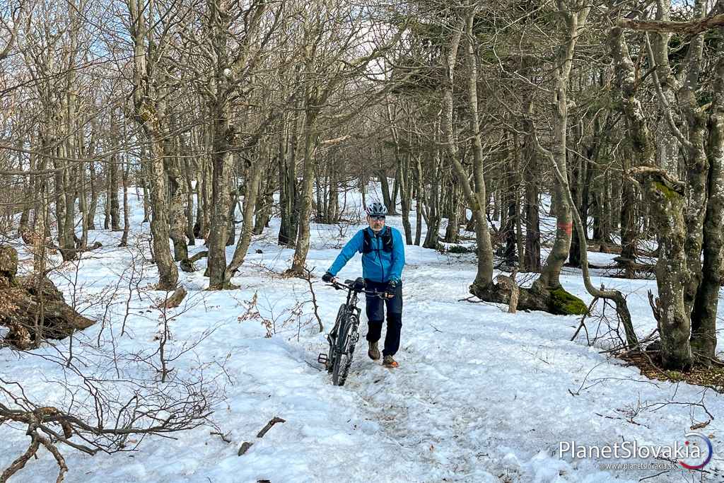 Na zostupe z Vtáčnika smerom do Zemianskych Kostolian sa ešte v apríli nachádzala rozsiahla snehová pokrývka.