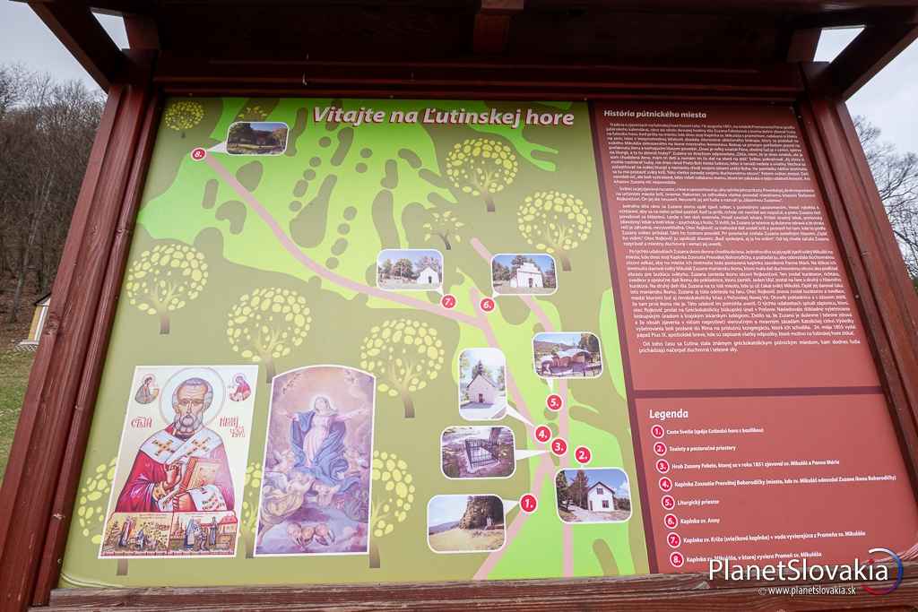 Infopanel s mapou Ľutinskej hory a stručnou históriou miesta.