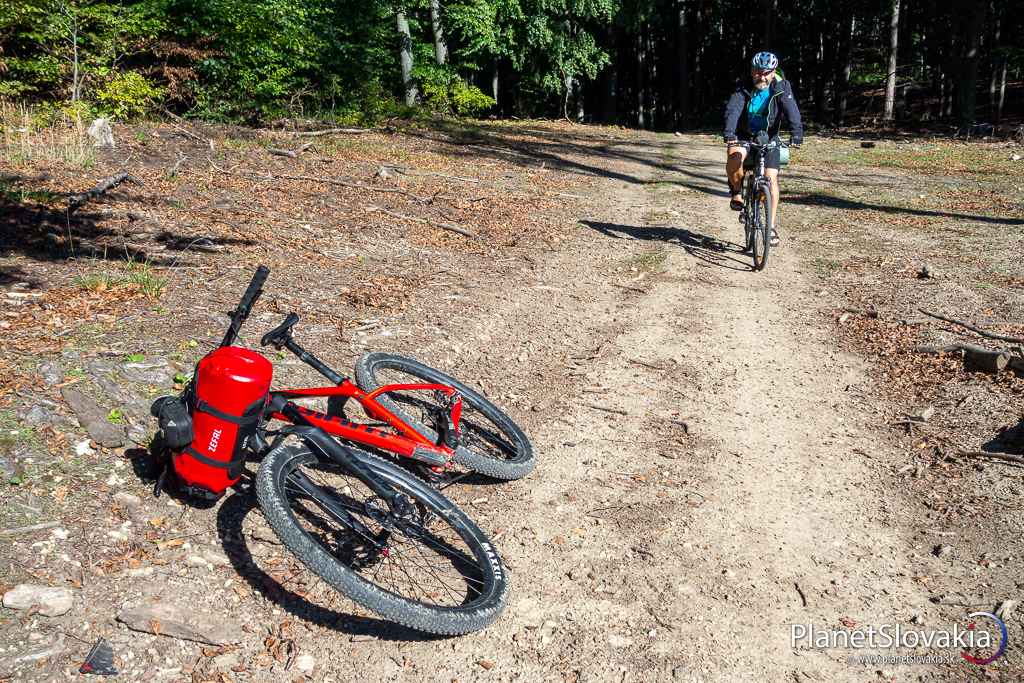 Na vrchole strmého lesného stúpania smerom na Komárovú. Tento úsek sme bicykle tlačili.